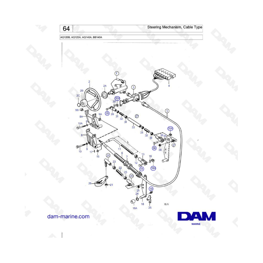 Volvo Penta AQ120B / AQ125A / AQ140A / BB140A - Mecanismo de dirección, tipo cable