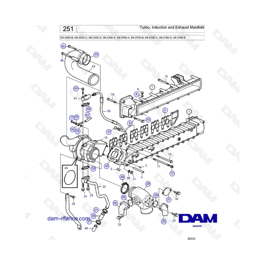 Volvo Penta D6-330D-B -C -D -E / D6-370D-A -B -C -D -E - Turbo, admisión y colector de escape