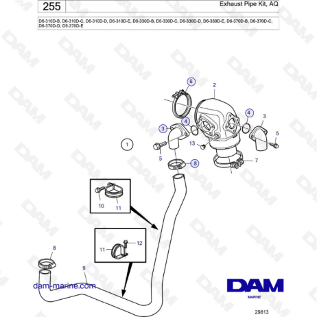 Volvo Penta D6-310D-B -C -D -E / D6-330D-B -C -D -E / D6-370D-B -C -D -E - Exhaust pipe kit, AQ