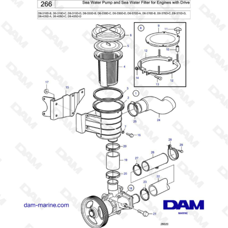 Volvo Penta D6-310D-B -C -D/D6-330D-B -C -D/D6-370D-A -B -C -D/D6-435D-A -C -D - Sea water pump & sea water filter