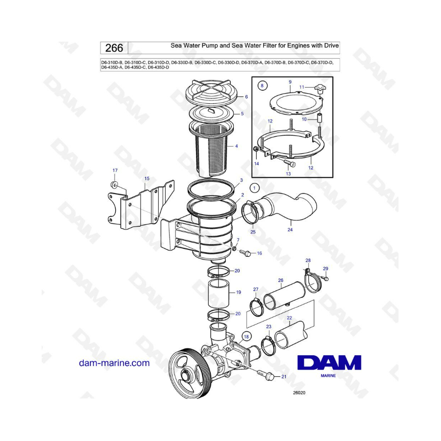 Volvo Penta D6-310D-B -C -D/D6-330D-B -C -D/D6-370D-A -B -C -D/D6-435D-A -C -D - Bomba de agua de mar y agua de mar filtrar