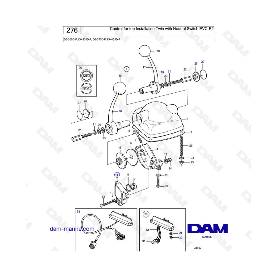 Volvo Penta D6-300D-F/D6-330D-F/D6-370D-F/D6-435D-F - Control for top installation twin with neutral switch EVC-E2