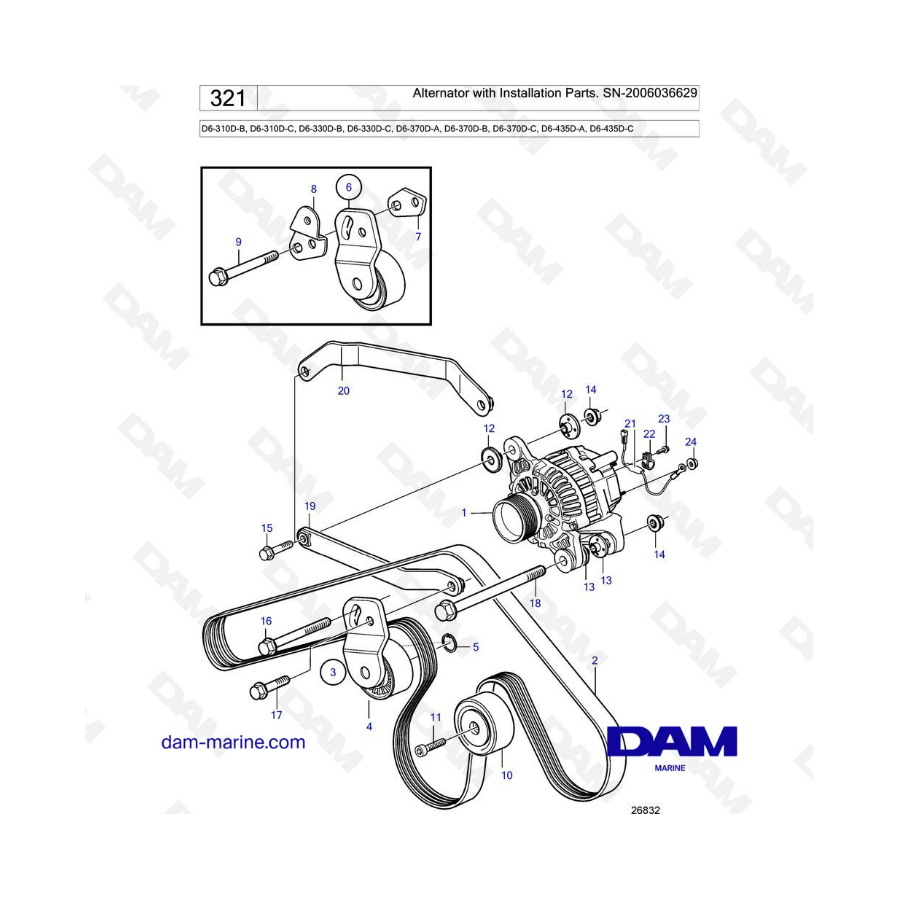 Volvo Penta D6-310D-B-C/D6-330D-B-C/D6-370D-A-B-C/D6-435D-A-C - Alternador con piezas de instalación