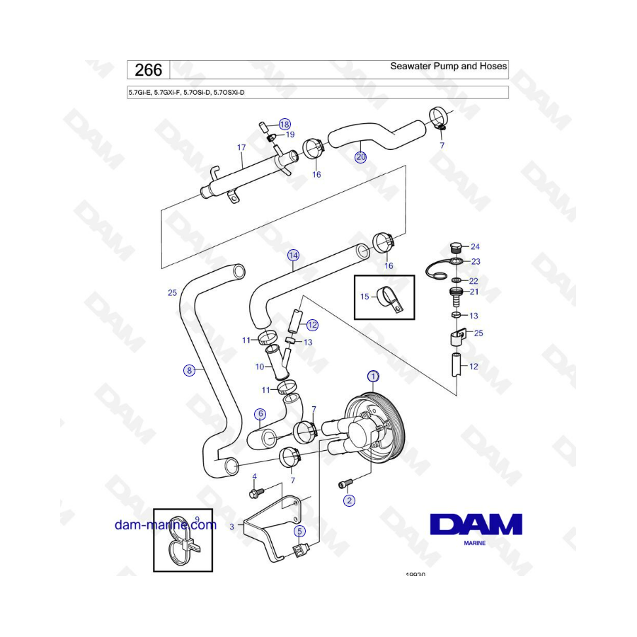 Volvo Penta 5.7L Gi-E / GXi-F - Bomba de agua de mar y mangueras