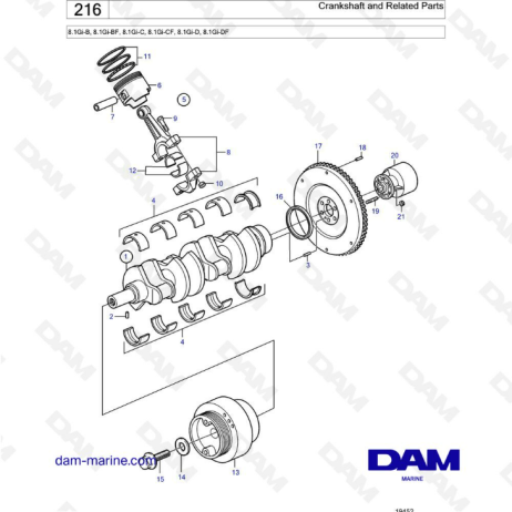 Volvo Penta 8.1L GI-B / GI-BF / GI-C / GI-CF / GI-D / GI-DF - Cigüeñal y partes relacionadas