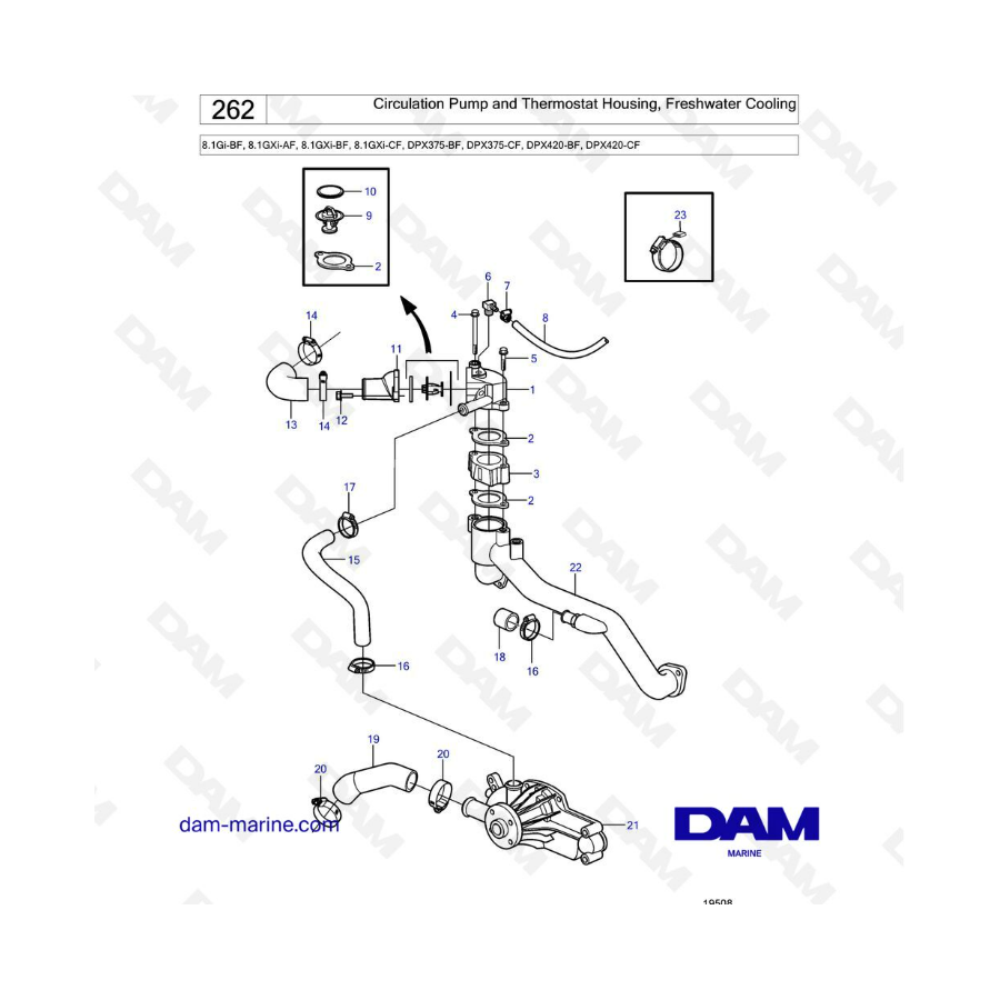 Volvo Penta 8.1L Gi-BF / GXI-AF / GXI-BF / GXI-CF - Bomba de circulación y carcasa de termostato, refrigeración por agua dulce