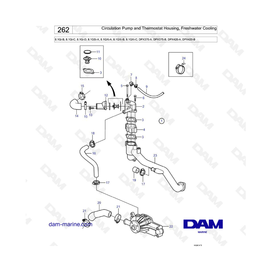 Volvo Penta 8.1L Gi-B / Gi-C / Gi-D / GSI-A / GXI-A / GXI-B / GXI-C - Bomba de circulación y caja de termostato, refrigeración p