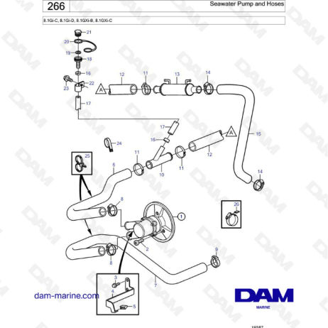 Volvo Penta 8.1L Gi-C / Gi-D / GXi-B / GXi-C - Bomba de agua de mar y mangueras