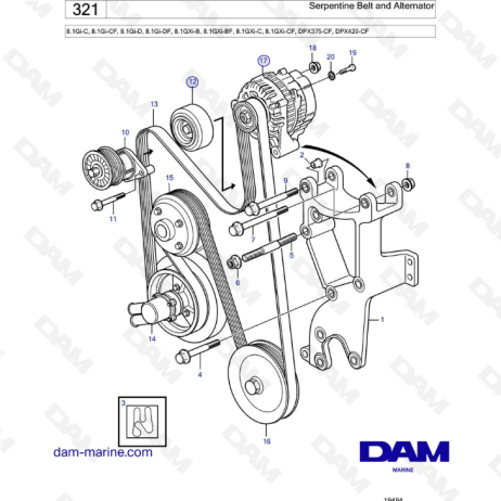 Volvo Penta 8.1L Gi-C / Gi-CF / Gi-D / Gi-DF / GXi-B / GXi-BF - Correa serpentina y alternador