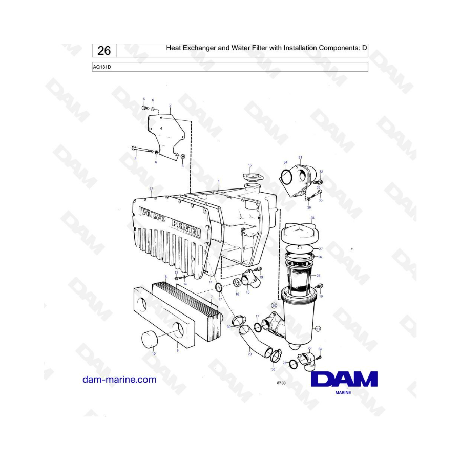 Volvo Penta AQ131D - Intercambiador de calor y filtro de agua con componentes de instalación: D