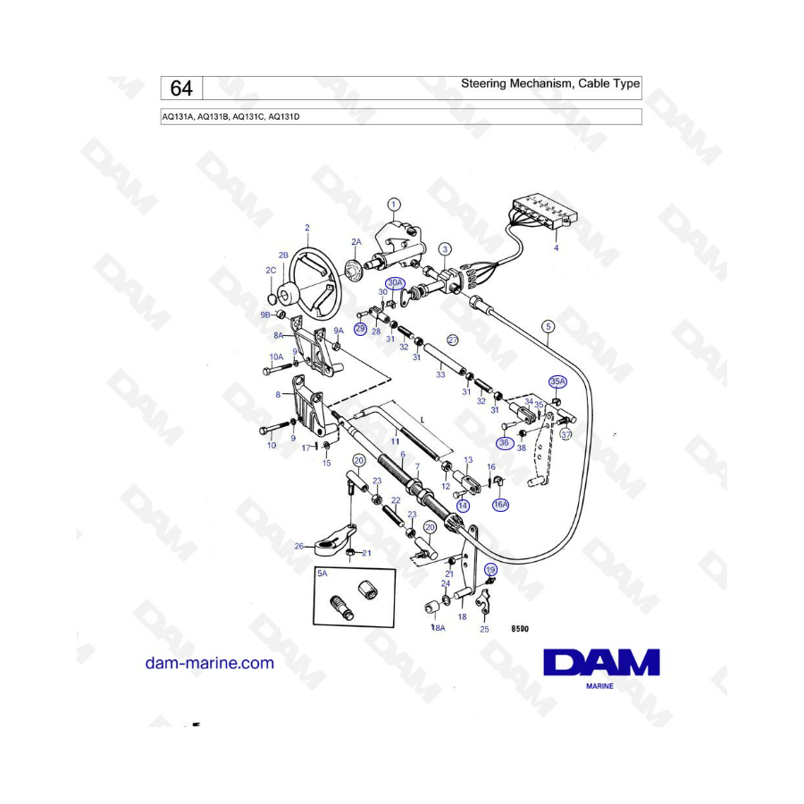 Volvo Penta AQ131A / AQ131B / AQ131C / AQ131D - Mecanismo de dirección, Tipo de cable