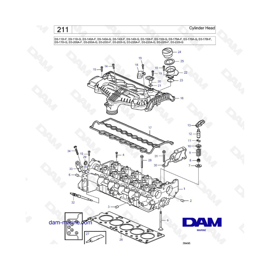 Volvo Penta D3-110I / D3-140A / D3-140I / D3-150I / D3-170A-I / D3-200A-F / D3-220A/I - Culata