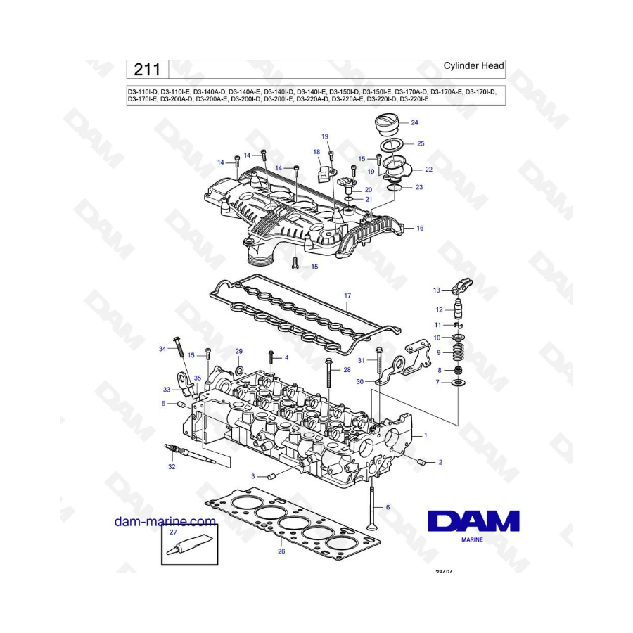 Volvo Penta D3-110 / D3-140 / D3-150 / D3-170 / D3-200 / D3-220 - Cylinder head