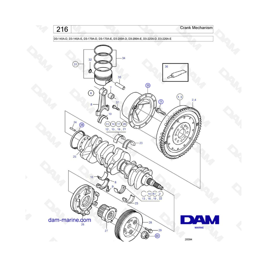 Volvo Penta D3-140A-D -E / D3-170A-D -E / D3-200-A-D -E / D3-220A-D -E - Crank Mechanism