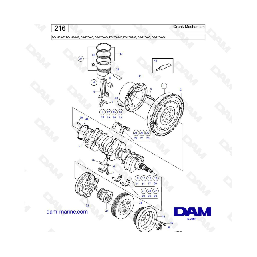 Volvo Penta D3-140A-F / D3-140A-G / D3-170A-F / D3-170A-G / D3-200A-F -G / D3-220A-F -G - Mecanismo de manivela