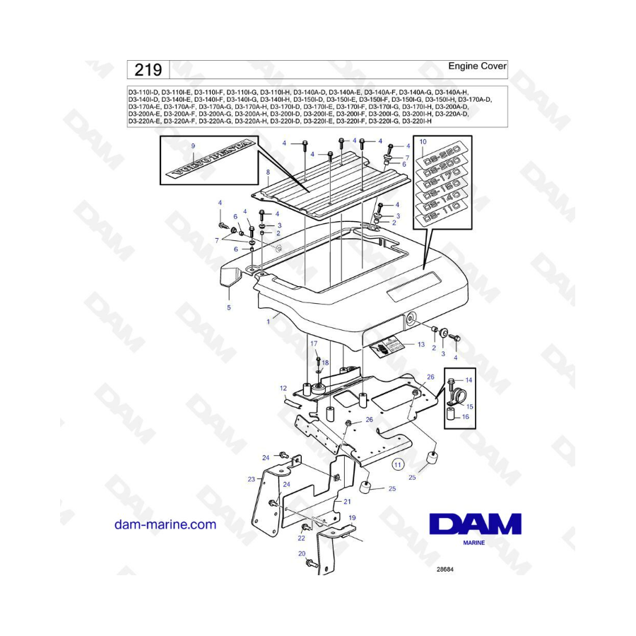 Volvo Penta D3-110 / D3-140 / D3-150 / D3-170 / D3-200 / D3-220 - Cubierta del motor