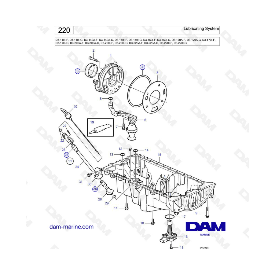 Volvo Penta D3-110I-F / I-G / D3-140A-F -G I-F -G / D3-150I-F -G / D3-170A-F -G I-F -G / D3-200 / D3-220 - Lubricating system