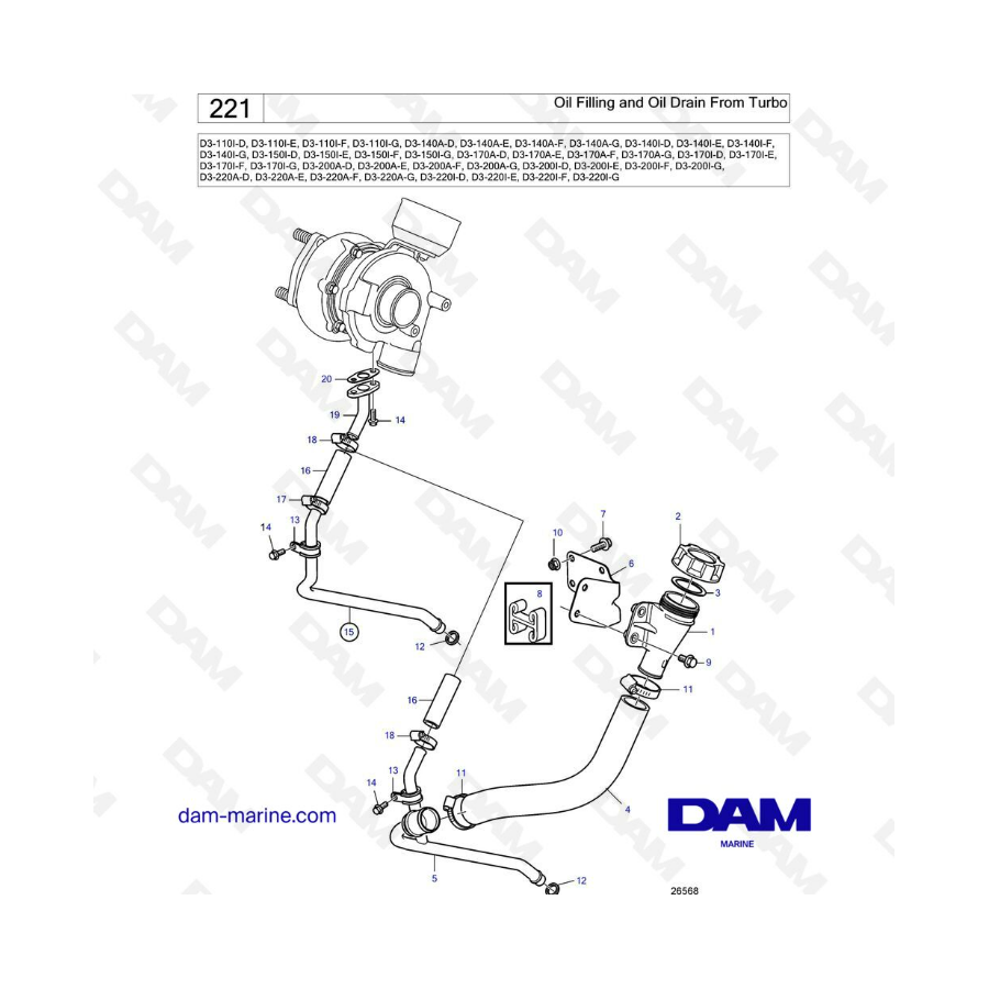 Volvo Penta D3-110 / D3-140 / D3-150 / D3-170 / D3-200 / D3-220 - Oil filling & oil drain from turbo