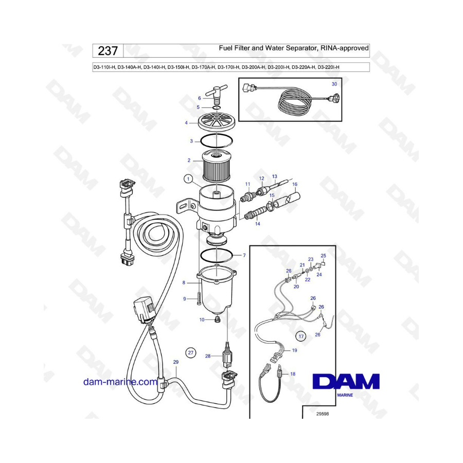 Volvo Penta D3-110I-H/D3-140A-H I-H/D3-150I-H/D3-170AH I-H/D3-200A-H I-H/D3-220A-H I-H - Filtro de combustible y separador de ag