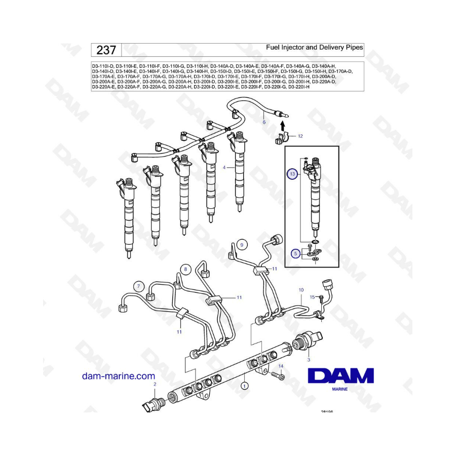 Volvo PEnta D3-110 / D3-140 / D3-150 / D3-170 / D3-200 / D3-220 - Fuel injector & delivery pipes