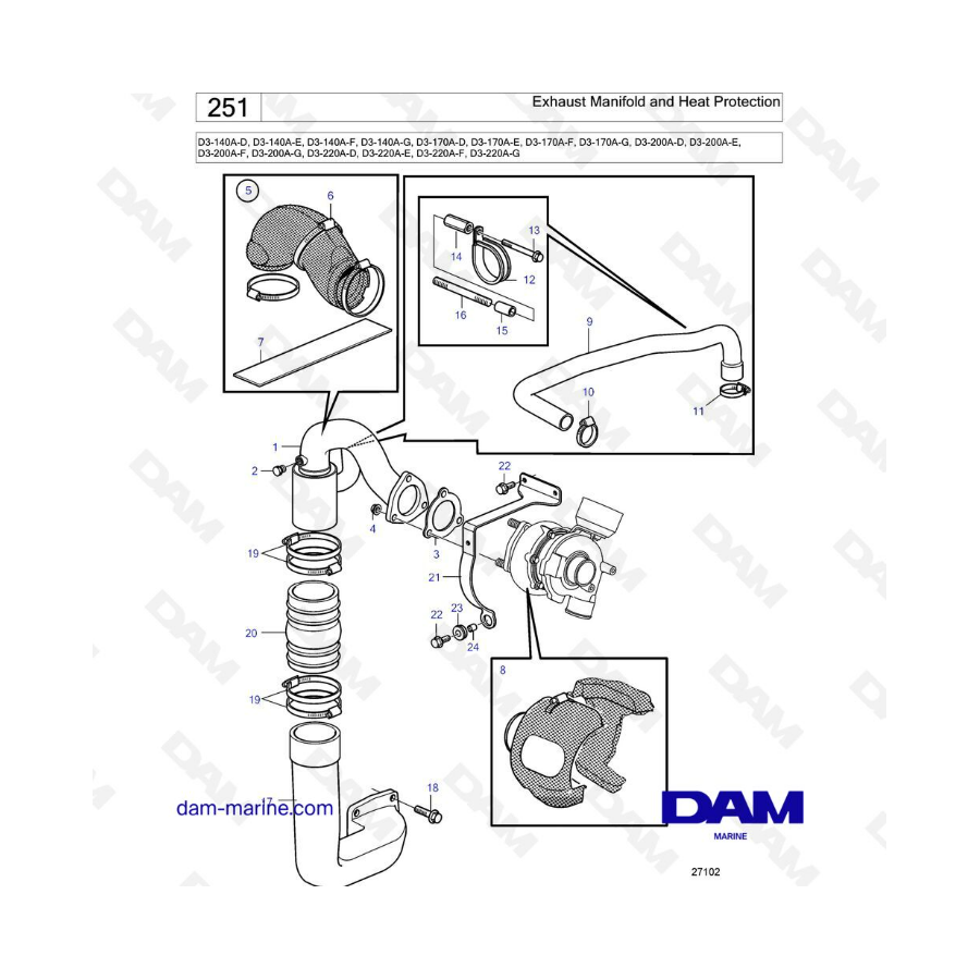 Volvo Penta D3-140-A / D3-170-A / D3-200-A / D3-220-A - Colector de escape y protección térmica