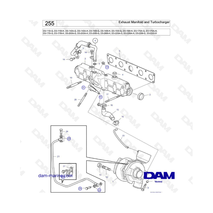 Volvo Penta D3-110I / D3-140A & I / D3-150I / D3-170A & I / D3-200A & I / D3-220A & I - Exhaust manifold & turbo