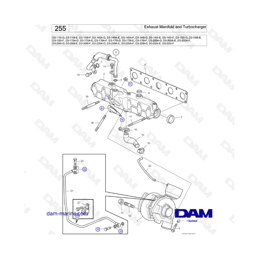 Volvo Penta D3-110I / D3-140A & I / D3-150I / D3-170A & I / D3-200A & I / D3-220A & I - Colector de escape y turbo