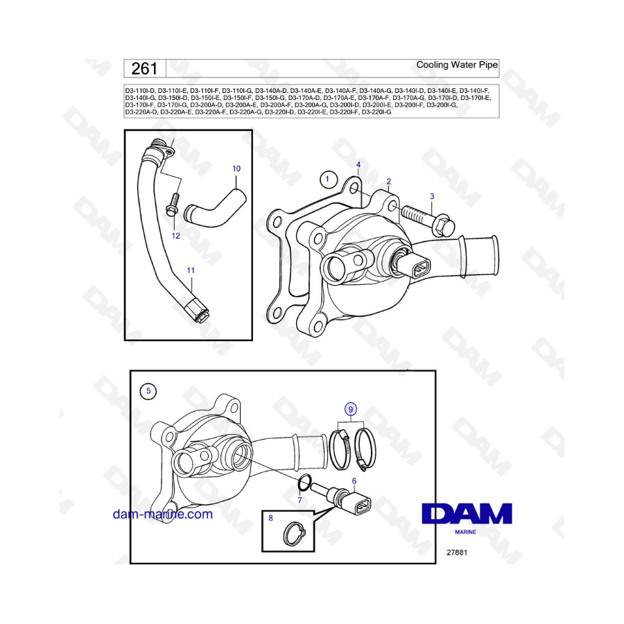 Volvo Penta D3-110I / D3-140A & I / D3-150I / D3-170A & I / D3-200A & I / D3-220A & I - Cooling water pipe