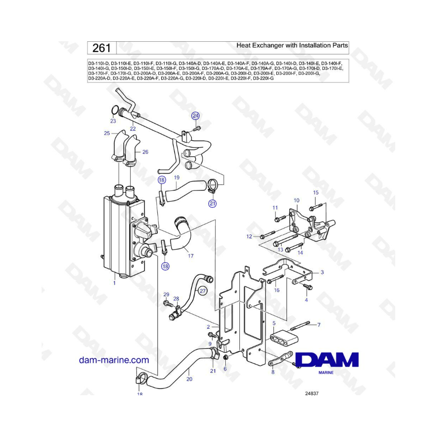 Volvo Penta D3-110I / D3-140A & I / D3-150I / D3-170A & I / D3-200A & I / D3-220A & I - Heat exchanger with installation parts