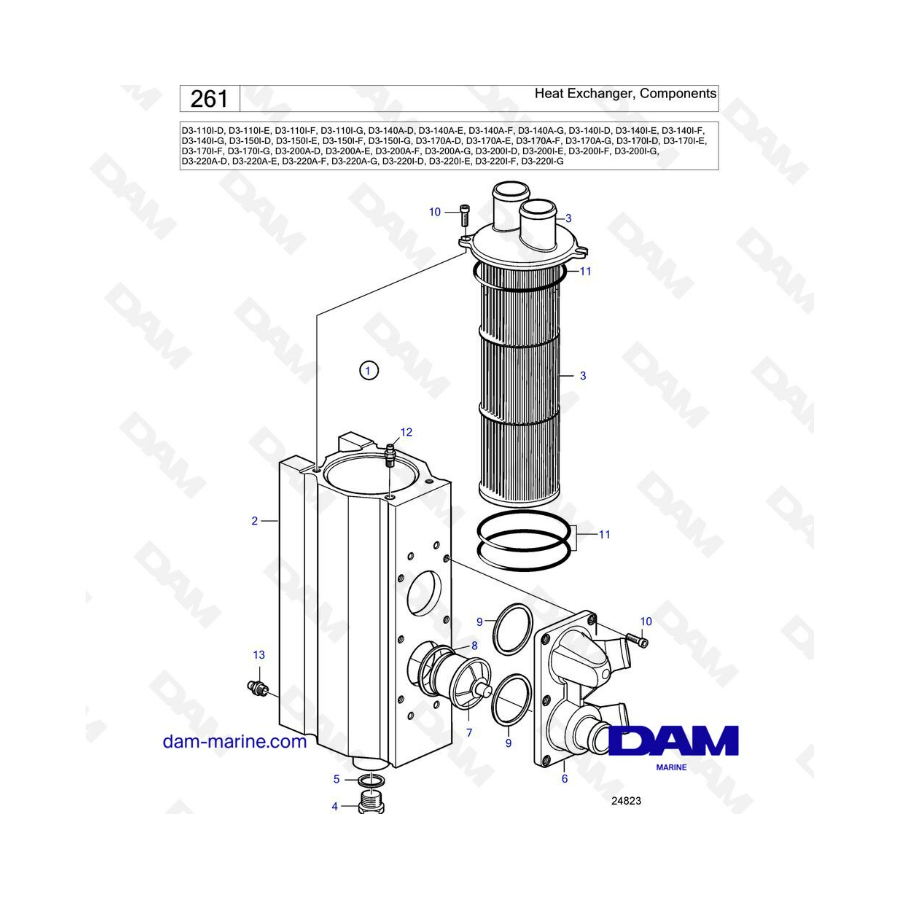 Volvo Penta D3-110I / D3-140A & I / D3-150I / D3-170A & I / D3-200A & I / D3-220A & I - Heat exchanger, components