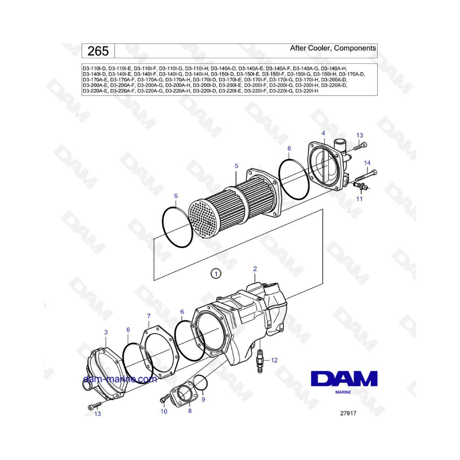 Volvo Penta D3-110 / D3-140 / D3-150 / D3-170 / D3-200 / D3-220 - Posenfriador, componentes