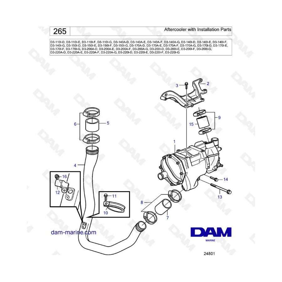 Volvo Penta D3-110 / D3-140 / D3-150 / D3-170 / D3-200 / D3-220 - Aftercooler with installation parts