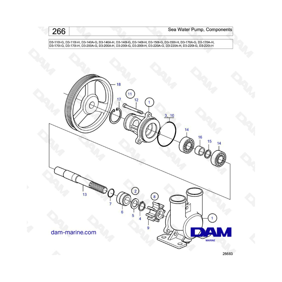 Volvo Penta D3-110I/D3-140A I/D3-150I/D3-170A I/D3-200A I/D3-220A I - Sea water pump, components