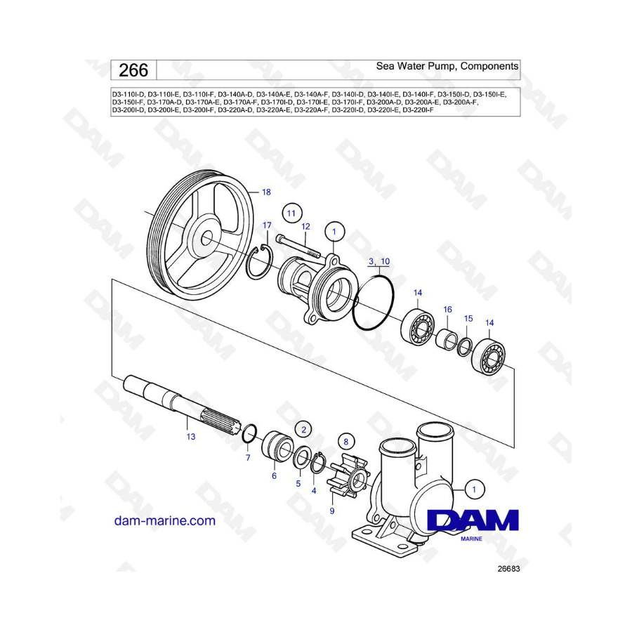 Volvo Penta D3-110I/D3-140A I/D3-150I/D3-170A I/D3-200A I/D3-220A I - Componentes de la bomba de agua de mar