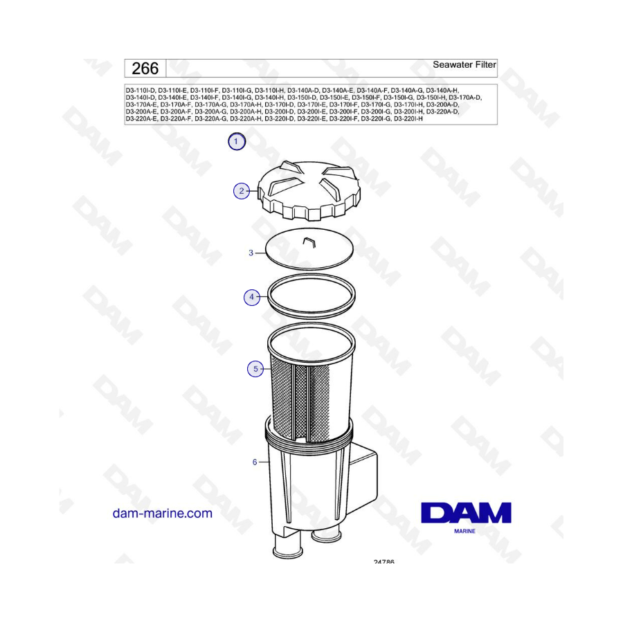 Volvo Penta D3-110I/D3-140A I/D3-150I/D3-170A I/D3-200A I/D3-220A I - Filtro de agua de mar