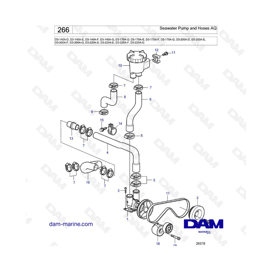 Volvo Penta D3-140A/D3-170A/D3-200A/D3-220A - Bomba de agua de mar y mangueras AQ