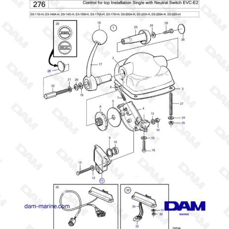 Volvo Penta D3-110/D3-140/D3-150/D3-170/D3-200/D3-220 - Control for top installation single with neutral switch EVC-E2