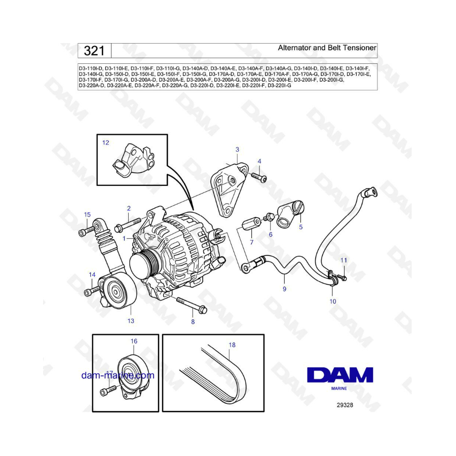 Volvo Penta D3-110/D3-140/D3-150/D3-170/D3-200/D3-220 - Alternador y tensor de correa