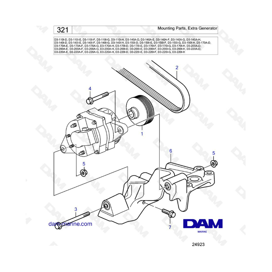 Volvo Penta D3-110/D3-140/D3-150/D3-170/D3-200/D3-220 - Mounting parts, extra generator