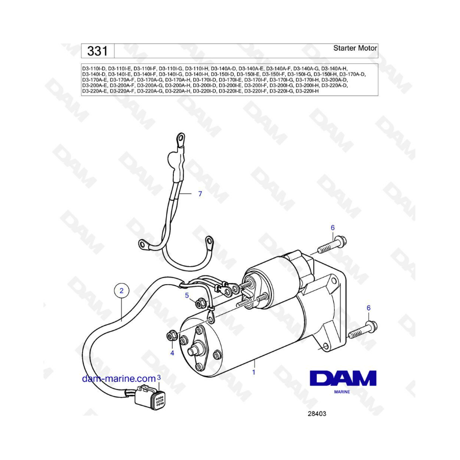 Volvo Penta D3-110/D3-140/D3-150/D3-170/D3-200/D3-220 - Motor de arranque