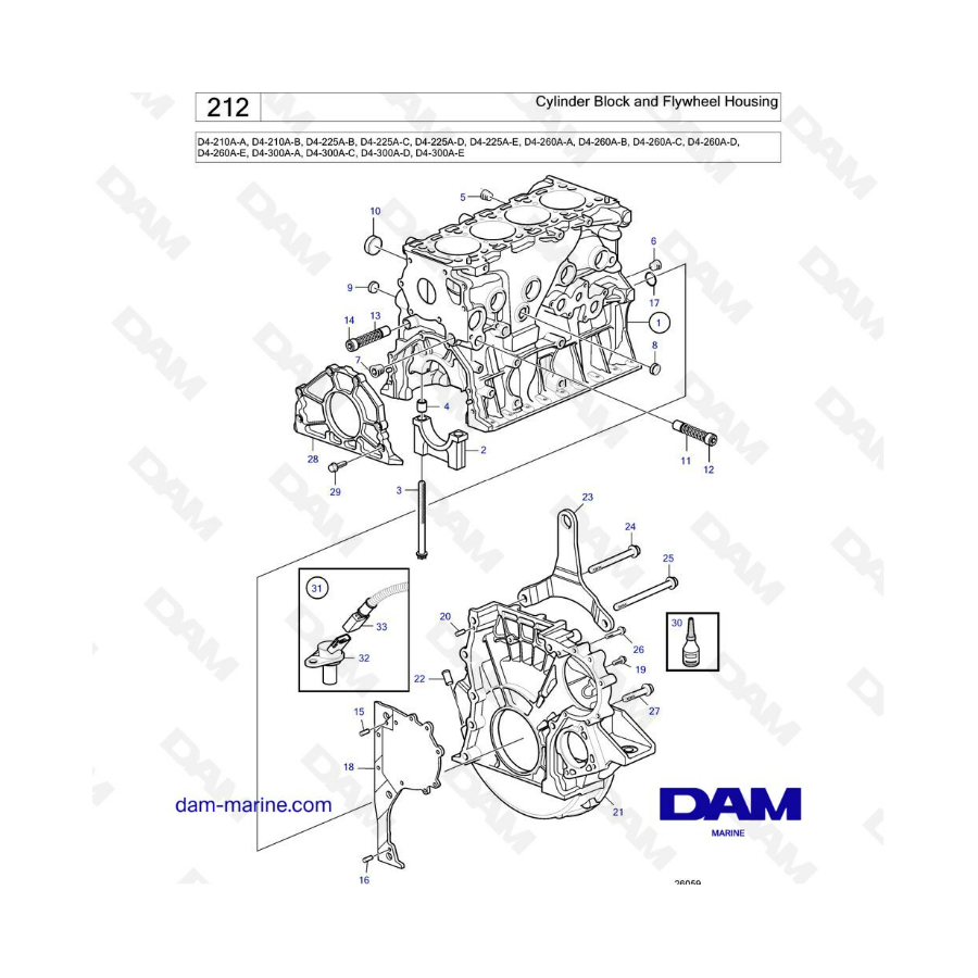 Volvo Penta D4-210A / D4-225A / D4-260A / D4-300A - Bloque de cilindros y caja del volante